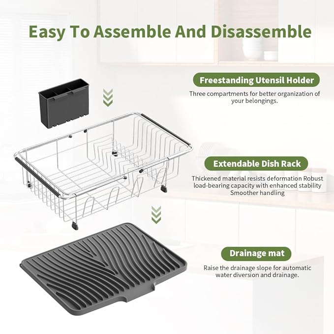 Dish Drying Rack in Sink With Non-Slip Silicone Mat Set, Expandable Carbon Steel Dish Drainers for Kitchen Counter, Bowl Dryer Rack Mat for Inside Sink, Over The Sink D ish Racks(COLOR:Grey+Silver)