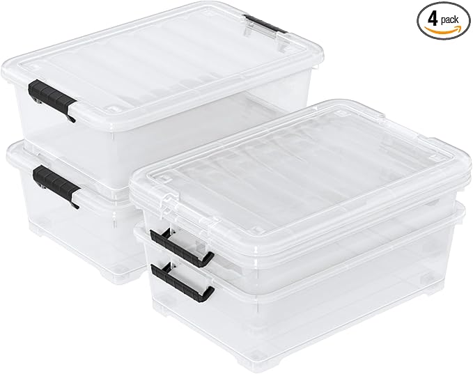 Waikhomes 4 Packs Under Bed Storage Containers with Clear Lid, Large Stackable Plastic Latching Bins with Rolling Wheels, 40 Quart