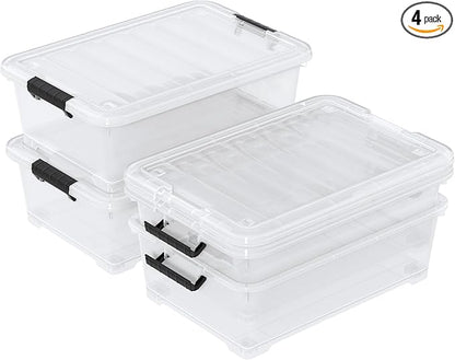Waikhomes 4 Packs Under Bed Storage Containers with Clear Lid, Large Stackable Plastic Latching Bins with Rolling Wheels, 40 Quart