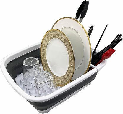 SAMMART 8L (2.11Gallons) Collapsible Dish Drainer - Foldable Drying Rack - Portable Dinnerware Organizer - Space Saving Kitchen Utensil Storage Tray (White/Steel Grey (Set of 2))