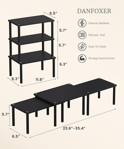 Cabinet Organizer Shelf(Set of 3),Bamboo Kitchen Counter Shelves for Countertop and Cabinet,Stackable Shelf Spice Racks,Medium (Black)