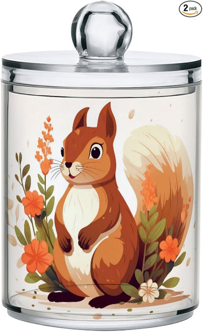 MNSRUU 2 Pack Qtip Holder Organizer Dispenser Cute Squirrel Pink Bathroom Storage Canister Cotton Ball Holder Bathroom Containers for Cotton Swabs/Pads/Floss