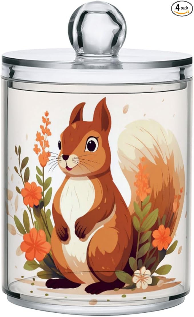 MNSRUU 4 Pack Qtip Holder Organizer Dispenser Cute Squirrel Pink Bathroom Storage Canister Cotton Ball Holder Bathroom Containers for Cotton Swabs/Pads/Floss