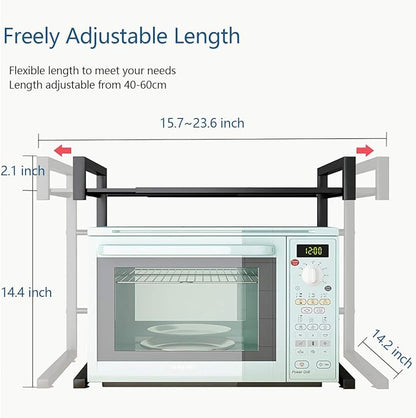 PUSDON Adjustable Carbon Steel Microwave Oven Rack, 2-Tier with 3 Hooks, 55lbs Weight Capacity, Black