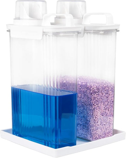95oz Laundry Detergent Container, 2 Pack Plastic Liquid Detergent Dispenser for Laundry Room Powder,Soap,Fabric Softener, Scent Beads Storage and Organization,with 5 Labels,1 Tray.(2, 95oz)