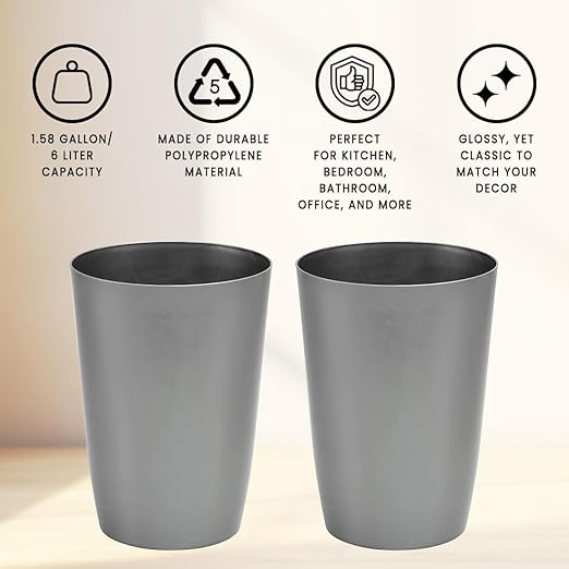 Mini Waste Basket - Pack of 2 Durable Small Plastic Garbage Trash Can Bin - Lidless Open-Top, Slim Profile for Compact Spaces - Suitable for Home, Bathroom, Office, Bedroom & More, Silver Brushed