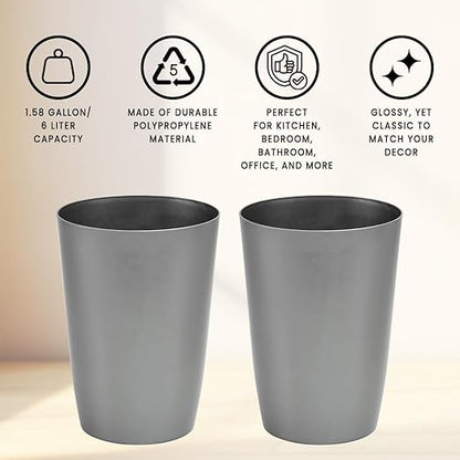Mini Waste Basket - Pack of 2 Durable Small Plastic Garbage Trash Can Bin - Lidless Open-Top, Slim Profile for Compact Spaces - Suitable for Home, Bathroom, Office, Bedroom & More, Silver Brushed