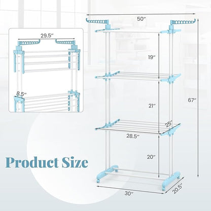 Tangkula 4-Tier Foldable Clothes Drying Rack, Oversized Drying Rack w/Lockable Wheels & Rust-Proof Metal Frame, Indoor Outdoor Large Drying Hanger w/Adjustable Gullwings, Movable Laundry Hanger