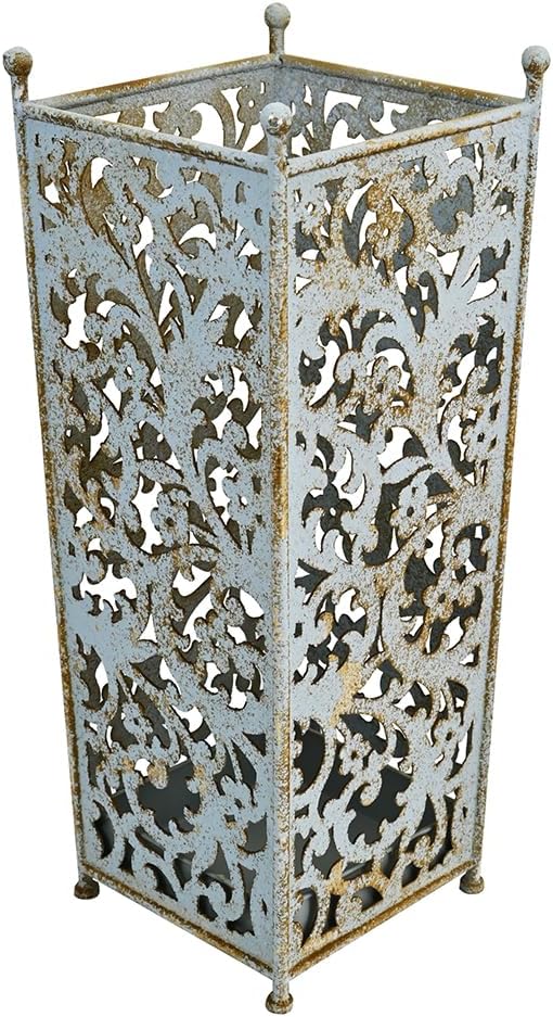 Vintage Blue Umbrella Holder for Entryway,Distressed Blue Iron Umbrella Stand with Hollow Out Vine Pattern,Removable Drip Tray,20.08"H×8.07"W×6.89"D Umbrella Organizer for Doorway Patio.
