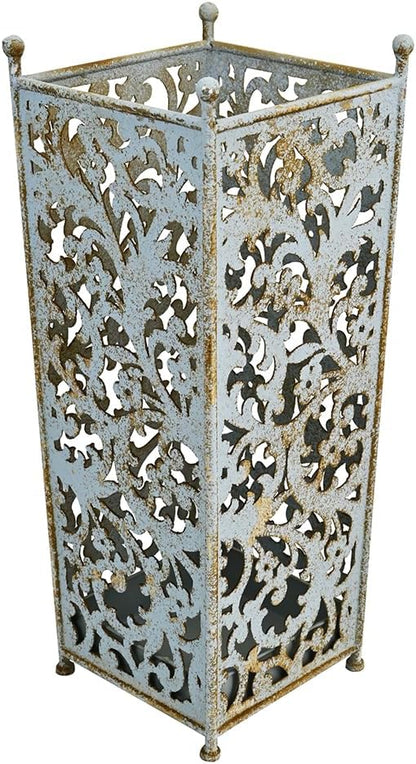 Vintage Blue Umbrella Holder for Entryway,Distressed Blue Iron Umbrella Stand with Hollow Out Vine Pattern,Removable Drip Tray,20.08"H×8.07"W×6.89"D Umbrella Organizer for Doorway Patio.