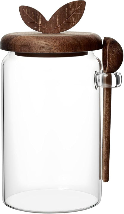 Koythin Food Storage Containers with Wooden Lids and Scoops, Glass Jars with Airtight Lids, Bath Salt Container with Scoop, Kitchen Canisters for Coffee, Tea, Sugar, Spice (Smooth, 27 oz)
