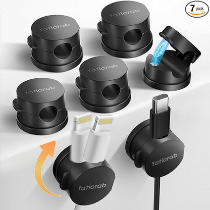Magnetic Cord Holder for Desk & Nightstand, 7-Pack 360° Rotatable Cable Clips Organizer, Strong Adhesive, Fits 8mm Slots for Phone Charger Cords & Wires, Black