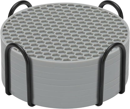 Silicone Coasters Set of 8 with Holder,Coasters for Drinks,Beer,Coffee Coasters,Suitable for Kinds Cups,Hot or Cold,Anti-SLI,Non-Stick,Anti-Overflow Tabletop Protection and Decor (8 Pcs, Gray)