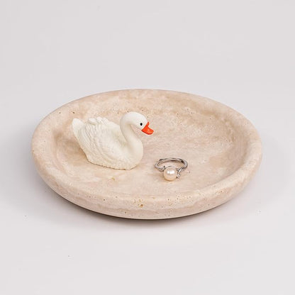 LWALMS Travertine Marble Jewelry Tray - Stone Trinket Ring Key Purse Holder Dish, Small Cute Round Plate Decorative Bowl for Nightstand Entryway Coffee Table Decor (5.5 inch)