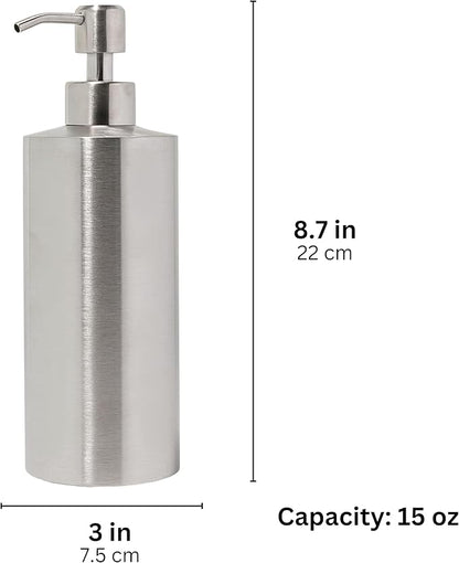 Yew Design Silver Soap Dispenser Stainless Steel for Bathroom and Kitchen Sink, 15oz Refillable Round Rustproof Hand Dish Soap Dispenser Pump for Detergent, Lotion, and Countertop
