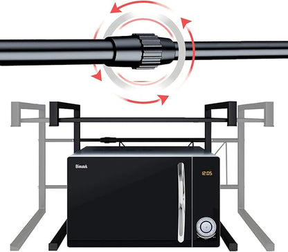 PUSDON Adjustable Carbon Steel Microwave Oven Rack, 2-Tier with 3 Hooks, 55lbs Weight Capacity, Black