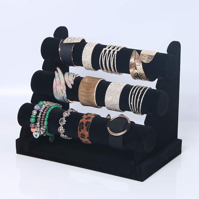 Coward 3 Tier Bracelet Organizer Display Holder, Beige Velvet Stand Rack for Hairband Watch Scrunchie Organizer (Black Velvet)