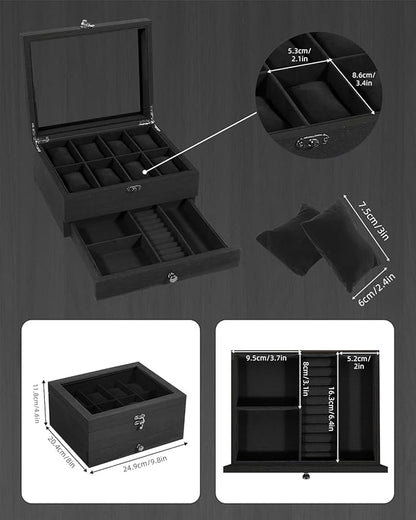 Uten 8-Slot Watch Box, 2-Layers Solid Wood Watch Display Case with Glass Lid, Watch Holder Organizer with Soft Pillow and Velvet Lining, Watch and Jewelry Storage Box, Black