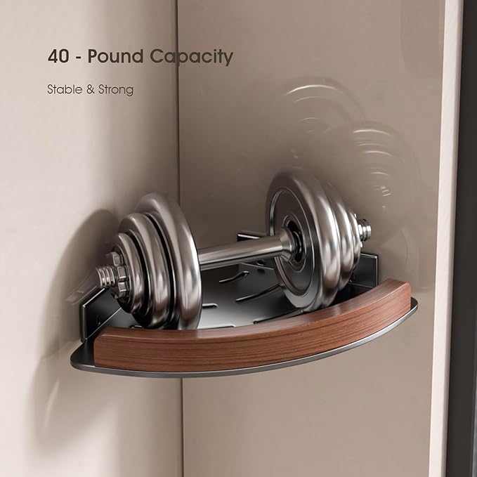 ZNYOPA 1 Pack Walnut Color Wall-Mounted Corner Caddy for Bathroom - No Drill Triangle Corner Storage Rack with Glue Accessories, Waterproof Vanity Organizer for Toiletries & Towels