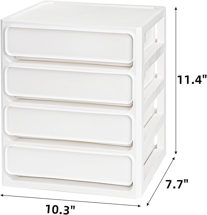Desk Organizer with 4 Drawers, Plastic Desktop Storage Unit, Small Storage Bin Container for Countertop, Makeup, Stationery, Art Crafts, Home Office Bathroom, White