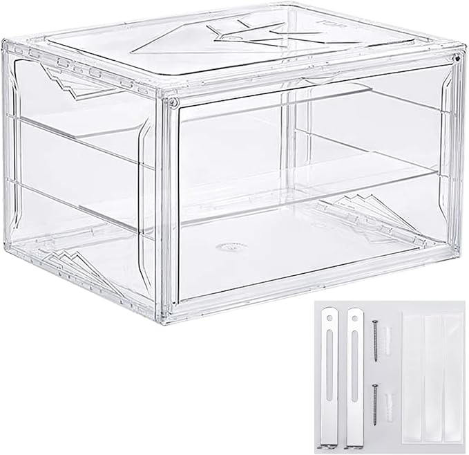 STAHMFOVER Clear Shoe Box Stackable Plastic Sneaker Box Container, Magnetic Side Open Shoe Organizer and Shoes Storage Case, Full Transparent Versatile Display Case（CLEAR 1 Pack-Floating）