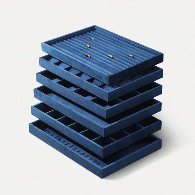 Velvet Ring Display Tray, Stackable Muilt Slot Rings Ear Stud Storage Tray, Drawer Insert Jewelry Accessories Organizers Plate (Blue)