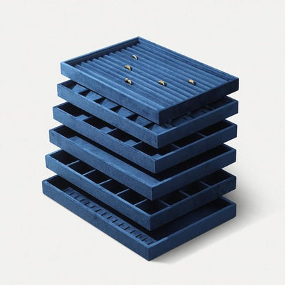 Velvet Ring Display Tray, Stackable Muilt Slot Rings Ear Stud Storage Tray, Drawer Insert Jewelry Accessories Organizers Plate (Blue)