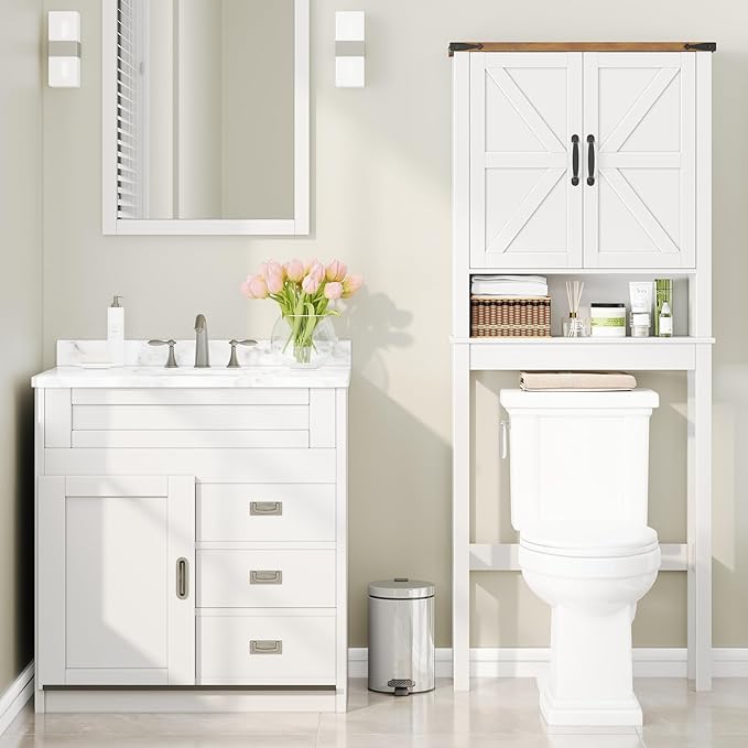 Halitaa Over The Toilet Storage Cabinet, Farmhouse Over Toilet Bathroom Organizer with 2 Barn Doors, Narrow Above Toilet Storage Cabinet, Behind Toilet Bathroom Organizer (Rustic White)