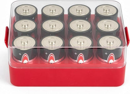 ALCYON Battery Organizer Storage Case, Battery Vault Box Container for 12pcs D Batteries, Plastic Clear Protective Battery Holder for Travelling/Home/Office (Red, Large)