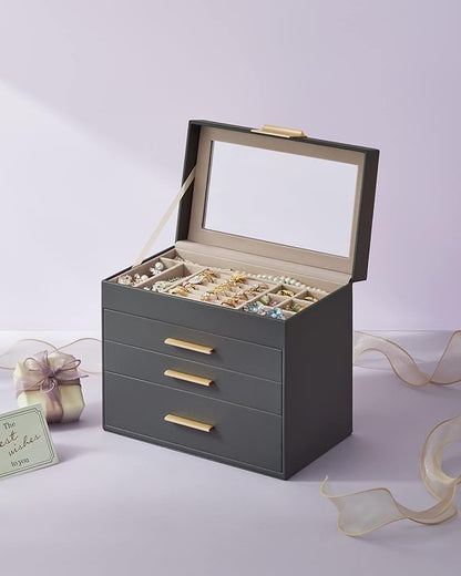 SONGMICS Jewelry Box Organizer with Glass Lid, 4-Layer Jewelry Storage, with 3 Drawers, Modern Style, 6 x 9.9 x 8.5 Inches, Interstellar Gray and Gold Color UJBC161C01
