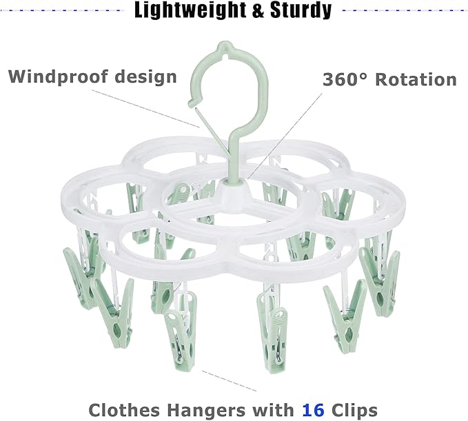 Clothespin Rack Laundry Drying Rack,Clothes Hangers with 16 Clips,Clip Hanger Drip Hanger for Drying Underwear,Baby Clothes,Socks,Bras,Towel,Pants,Hat,Scarf,Cloth Diapers,Gloves (Light Green)