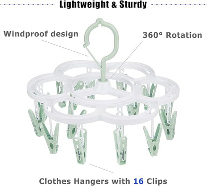 Clothespin Rack Laundry Drying Rack,Clothes Hangers with 16 Clips,Clip Hanger Drip Hanger for Drying Underwear,Baby Clothes,Socks,Bras,Towel,Pants,Hat,Scarf,Cloth Diapers,Gloves (Light Green)
