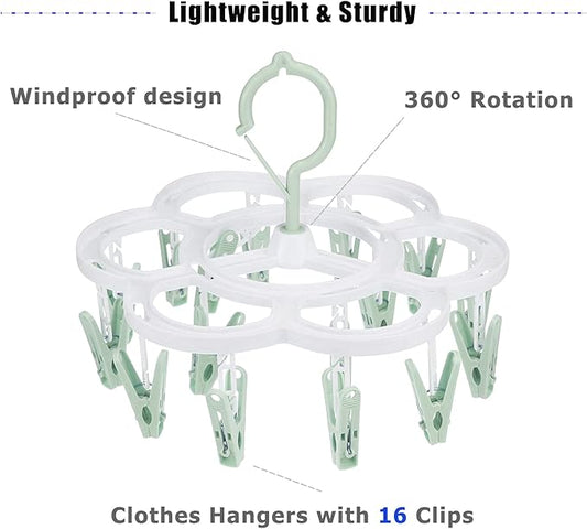 Clothespin Rack Laundry Drying Rack,Clothes Hangers with 16 Clips,Clip Hanger Drip Hanger for Drying Underwear,Baby Clothes,Socks,Bras,Towel,Pants,Hat,Scarf,Cloth Diapers,Gloves (Light Green)