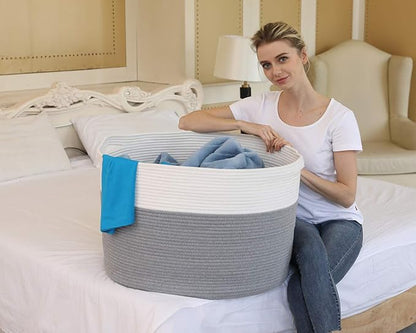 24" x 24" x 17" Max Size Large Cotton Rope Basket, Extra Large Storage Basket, Woven Laundry Hamper, Cloth Storage Bin, for Blankets Clothes Towels Pillows in Living Room, Grey
