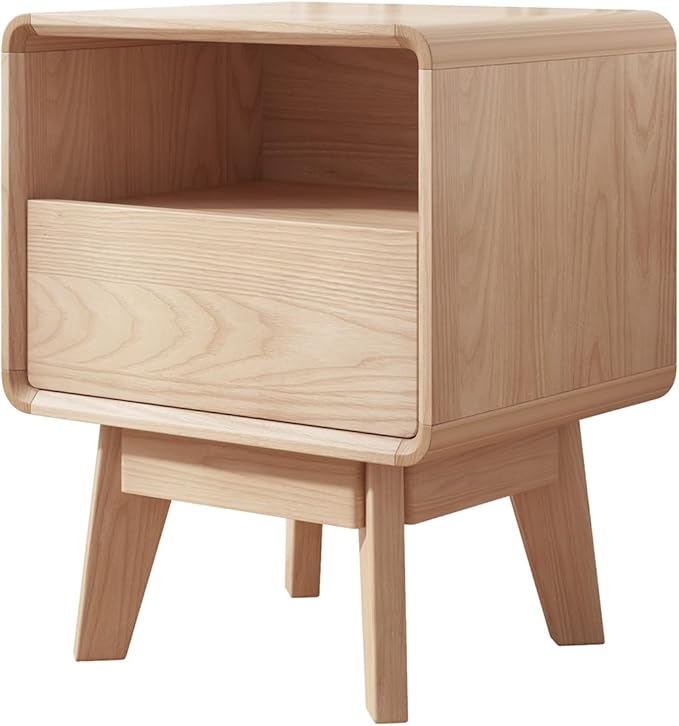 NKGIAG Solid Wood Nightstand, Mid-Century Modern Night Stand with Drawer & Open Shelf, Compact Bedside Tables for Bedroom, Office, Small Spaces, Light Natural Finish, Pre-Assembled
