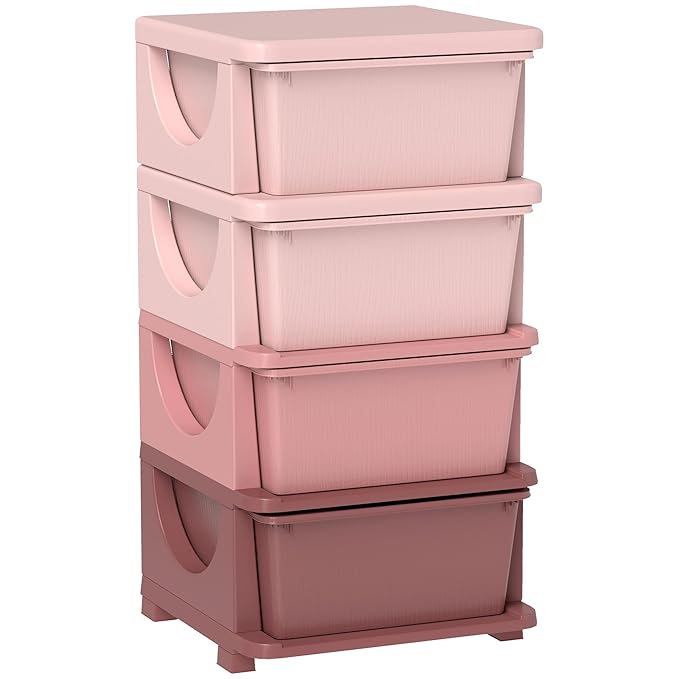 Qaba 4 Tier Kids Storage Unit, Toy Organizers and Storage with 4 Drawer Chest for Kids Bedroom Nursery Kindergarten Living Room for Boys Girls Toddlers, Pink