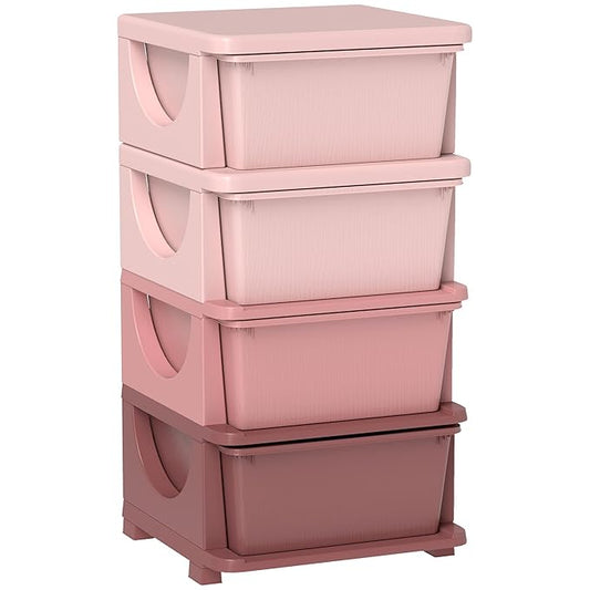 Qaba 4 Tier Kids Storage Unit, Toy Organizers and Storage with 4 Drawer Chest for Kids Bedroom Nursery Kindergarten Living Room for Boys Girls Toddlers, Pink