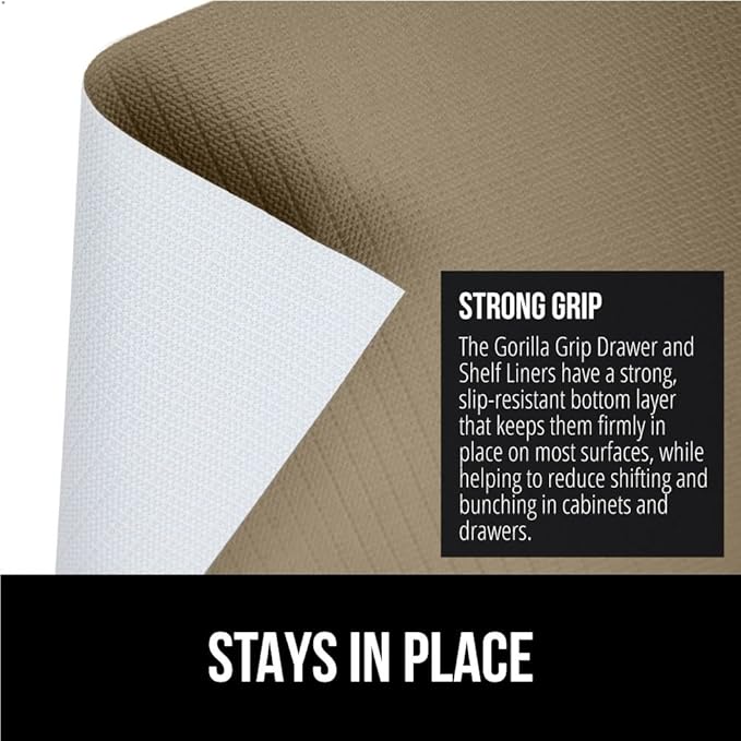 GORILLA GRIP DripGuard Shelf Liner, Non Adhesive Drawer and Kitchen Cabinet Protector, Slip Resistant BPA Free Smooth Surface Plastic Liners for Cabinets, Bathrooms, Closets, 17.5x240 Inch, Beige