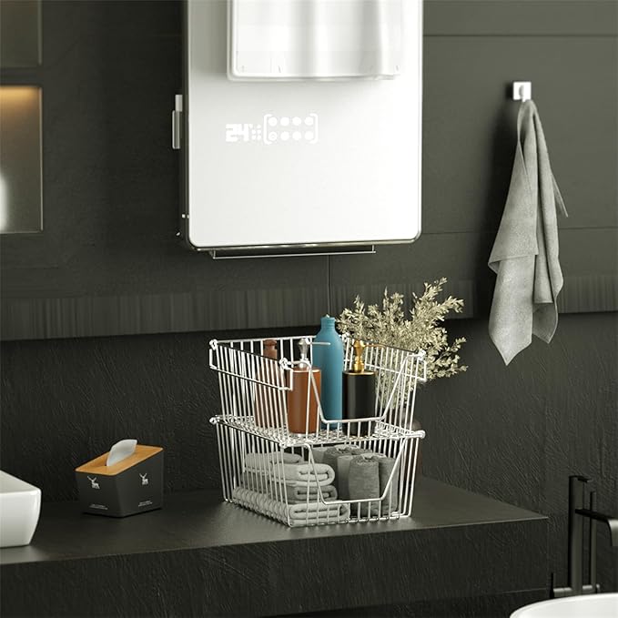 SANNO 14" Stacking Baskets Large Wire Baskets Organizer, Cabinet Storage Metal Baskets Organizer Sturdy Metal Wire Pantry Freezer Bin