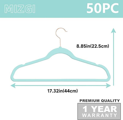 MIZGI Premium Velvet Hangers - Heavy Duty Non Slip Felt Hangers (50 Pack) - Aqua Blue & Rose Gold Hooks, Space Saving & Durable for Suits & Coats