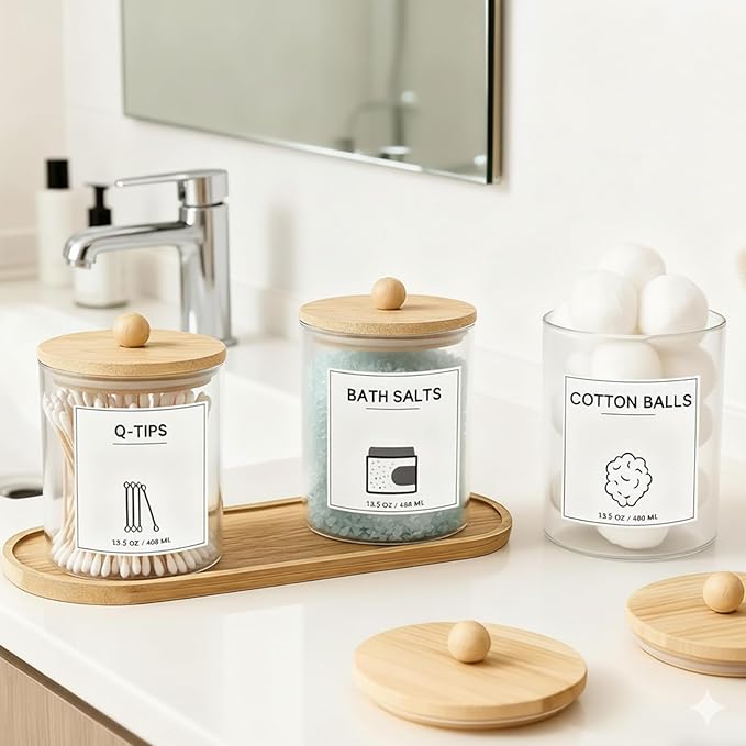 GYOSUGANG 3 PCS Qtip Holder for Bathroom, Cotton Ball Holder with Tray, Bathroom Organizers and Storage, Bathroom Jars for Floss Picks, Cotton Swabs, Balls, Pads(Clear)