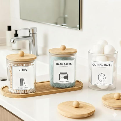 GYOSUGANG 3 PCS Qtip Holder for Bathroom, Cotton Ball Holder with Tray, Bathroom Organizers and Storage, Bathroom Jars for Floss Picks, Cotton Swabs, Balls, Pads(Clear)