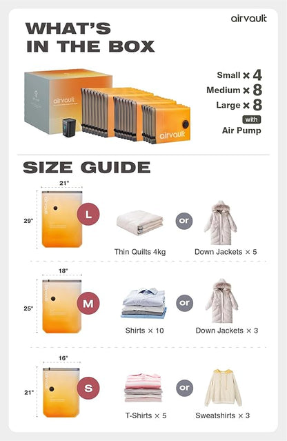 Vacuum Storage Bags for Travel & Home - Space Saver Compression Packing Bags Set for Clothes, Blankets & Seasonal Storage, Small (4), Medium (8), Large (8) (Orange,20-Pack Combo)