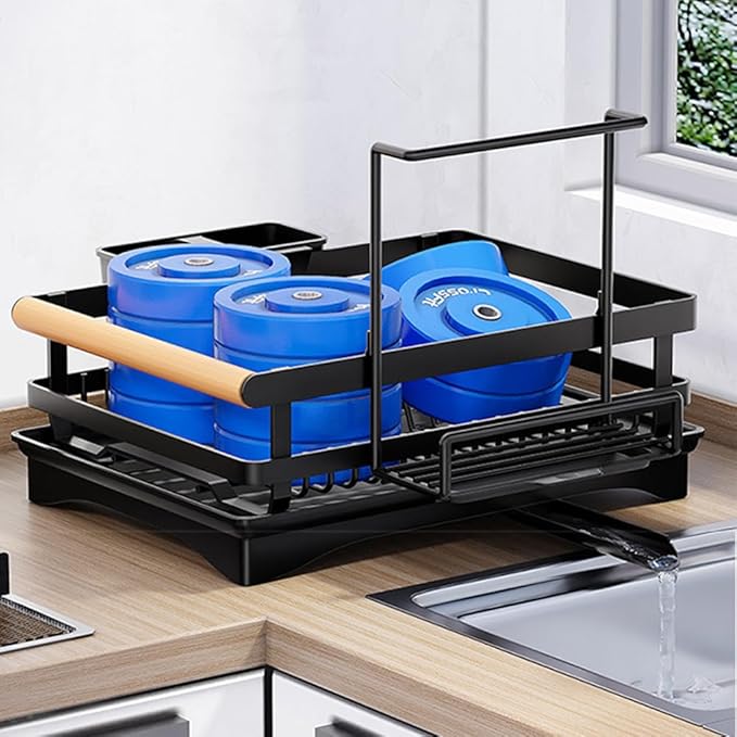 Dish Drying Rack for Kitchen Counter - Dish Drying Rack with Tray, Drying Rack for Kitchen Sink with Utensil Holder Swivel Spout, Black