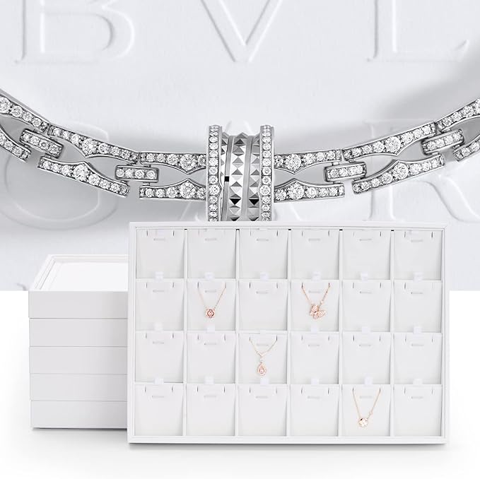 White Jewelry Display Organizer Tray Stackable Premium PU Leather 24 Grid Trinket Earring Ring Organizer Tray