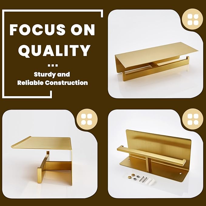 Suyar Toilet Paper Holder Brushed Gold, SUS 304 Stainless Steel Bathroom Double Toilet Paper Roll Holder with Shelf, Wall Mounted