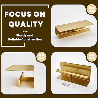 Suyar Toilet Paper Holder Brushed Gold, SUS 304 Stainless Steel Bathroom Double Toilet Paper Roll Holder with Shelf, Wall Mounted