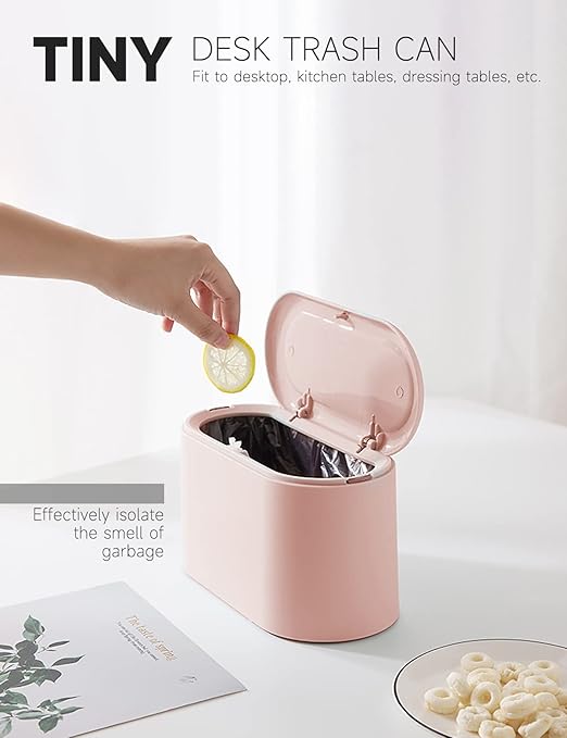 Mini Trash Can with Lid Removable Small Garbage Can, Tiny Plastic Trash Bin, Pop Up Countertop Wastebasket, Counter Garbage Lint Bin for Bathroom,Office,Kitchen,Desk,Coffee Table(Pink)