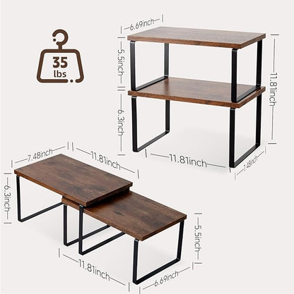 Cabinet Organizer Shelf, Set of 2 Expandable Kitchen Countertop Shelves with Spice Rack - Stackable Storage in Metal and Wood15.7 inches (Brown)