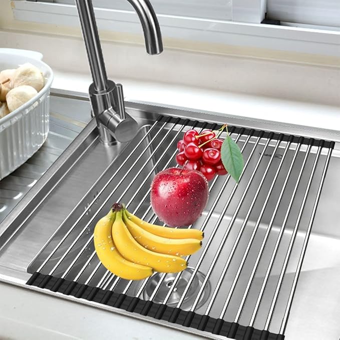 Ahyuan Roll up Dish Drying Rack Over The Sink Kitchen Roll up Sink Drying Rack Stainless Still Portable Drainer Foldable Dish Rack (Black, 17.8''X13.5'')